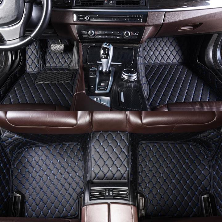 LUXURY CAR MAT - BLACK LEATHER & BLUE STITCHING